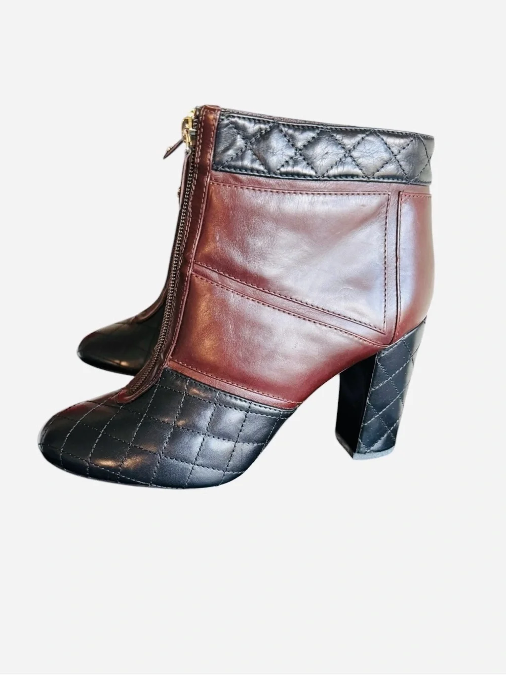 Chanel Quilted Two-Tone Leather Ankle Boots Burgundy & Black Sz EU 39.5/US 9.5